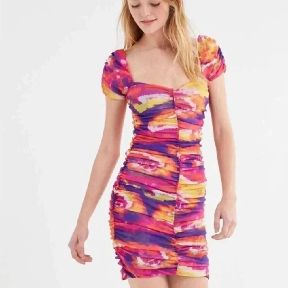 NWT Urban Outfitters Multi Color Ruched Body Con Mini Dress Women’s Small 2772